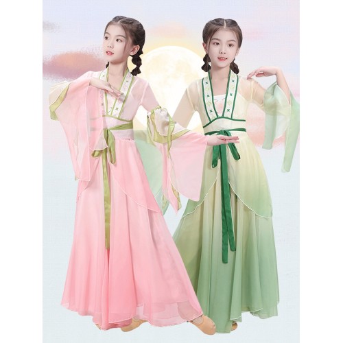 Girls green pink folk dance dresses fairy hanfu classical dance performance costumes flowing girls' Chinese dance body rhyme  ancient classical dance skirt for child